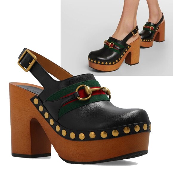 GUCCI SHOES HORSEBIT WEB BLACK LEATHER PLATFORM CLOGS w STUDSsz 39.5 9.5